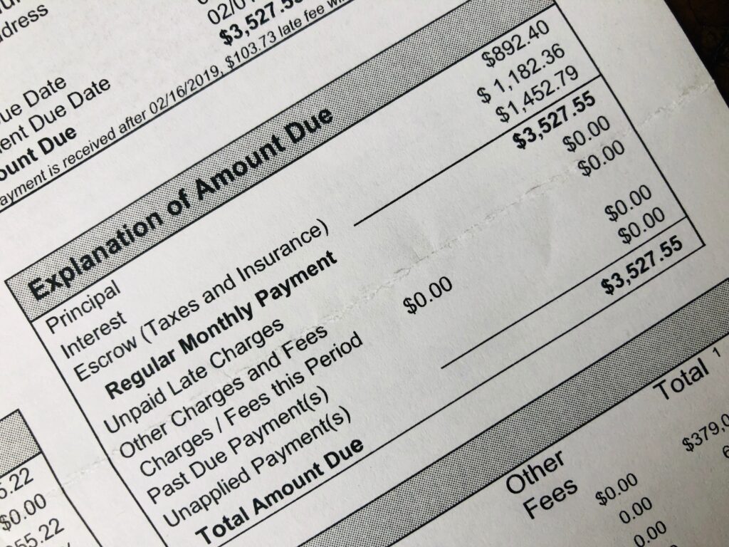 Close-up of a billing statement showing an itemized breakdown and total amount due.