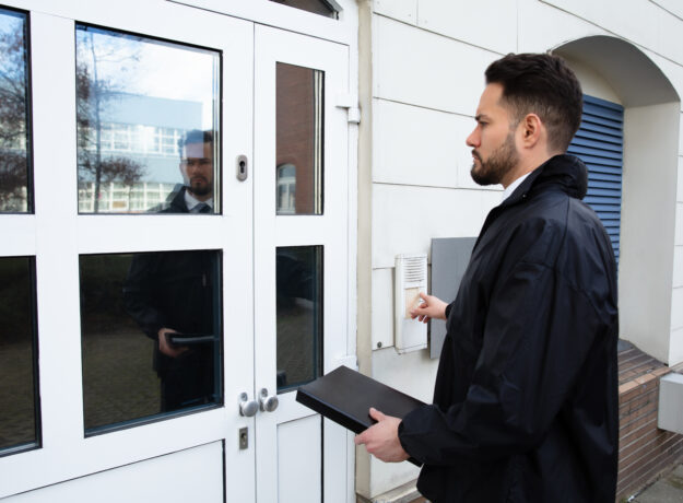 Person standing at a door and using an entry buzzer, carrying a document case.