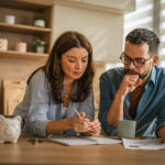 Two adults looking over financial documents and taking notes at home, with coins and a piggy bank on the table.
