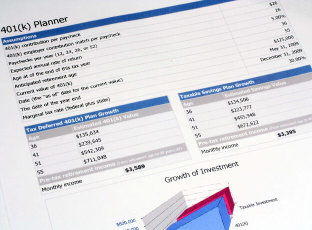 Close-up of a 401(k) planner sheet showing retirement savings estimates and growth projections