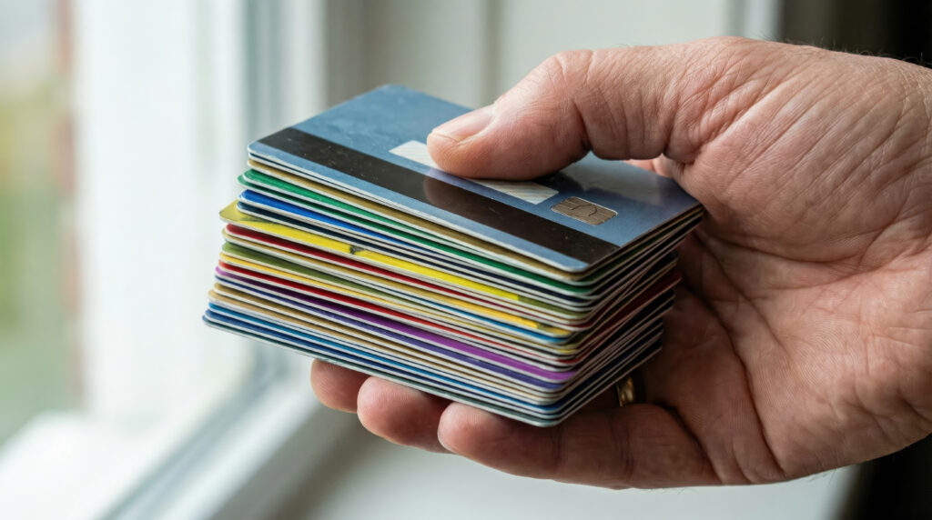 Close-up of a hand holding a stack of colorful credit cards near a window.