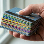 Close-up of a hand holding a stack of colorful credit cards near a window.