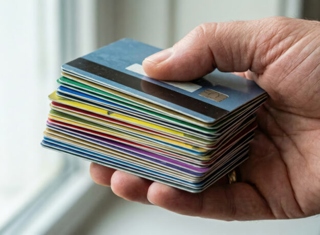 Close-up of a hand holding a stack of colorful credit cards near a window.