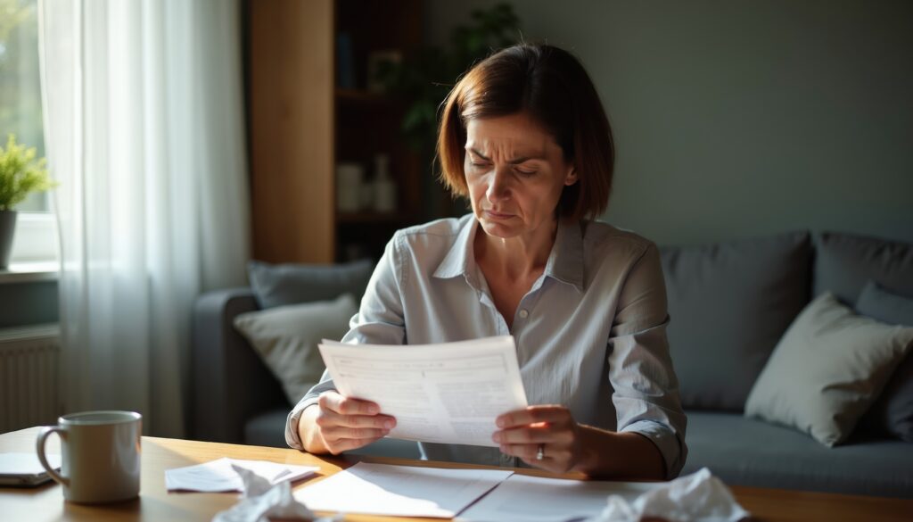 Concerned woman reading a bill while sitting at a table with paperwork, envelopes, and a coffee mug at home.