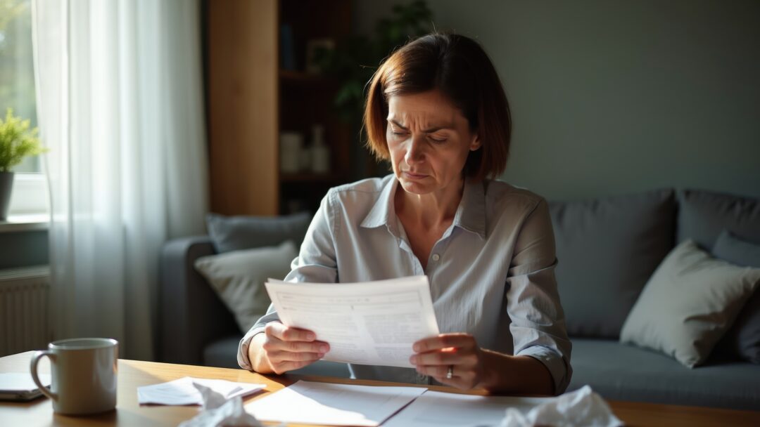 Concerned woman reading a bill while sitting at a table with paperwork, envelopes, and a coffee mug at home.