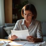 Concerned woman reading a bill while sitting at a table with paperwork, envelopes, and a coffee mug at home.