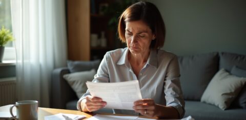 Concerned woman reading a bill while sitting at a table with paperwork, envelopes, and a coffee mug at home.