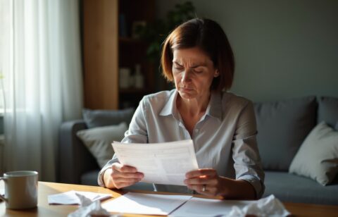 Concerned woman reading a bill while sitting at a table with paperwork, envelopes, and a coffee mug at home.