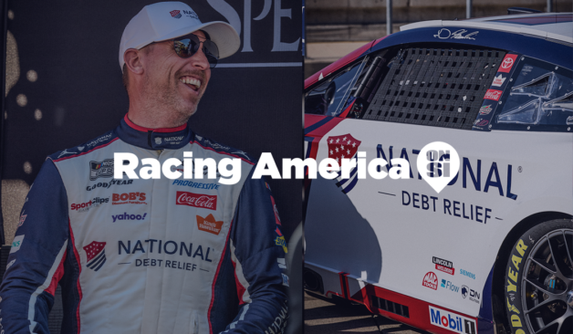 Denny Hamlin smiling in a National Debt Relief racing suit beside his No. 11 car, with “Racing America on SI” text overlay across the image.