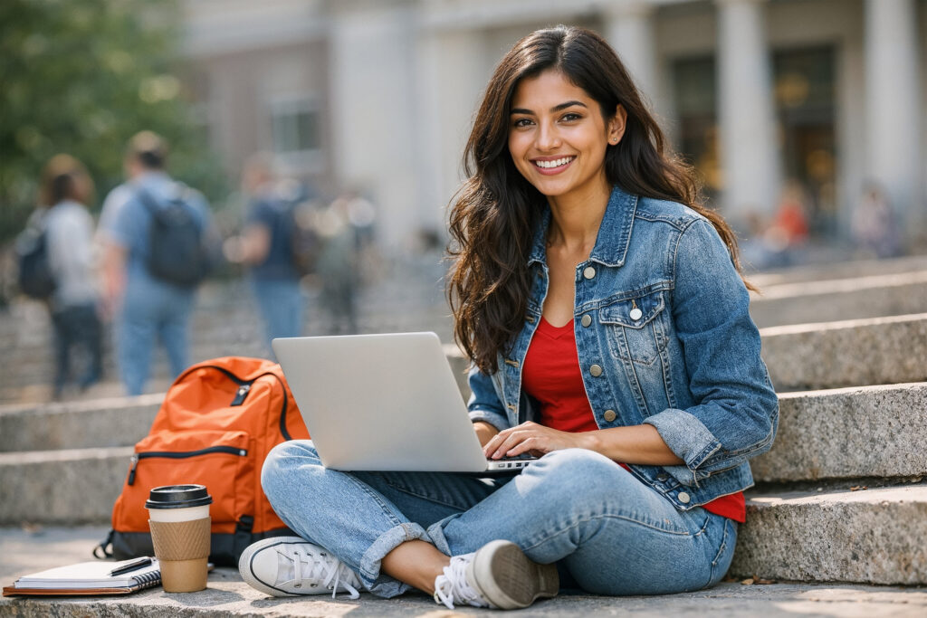 Indian Female College Student Using Laptop Outdoors on Campus