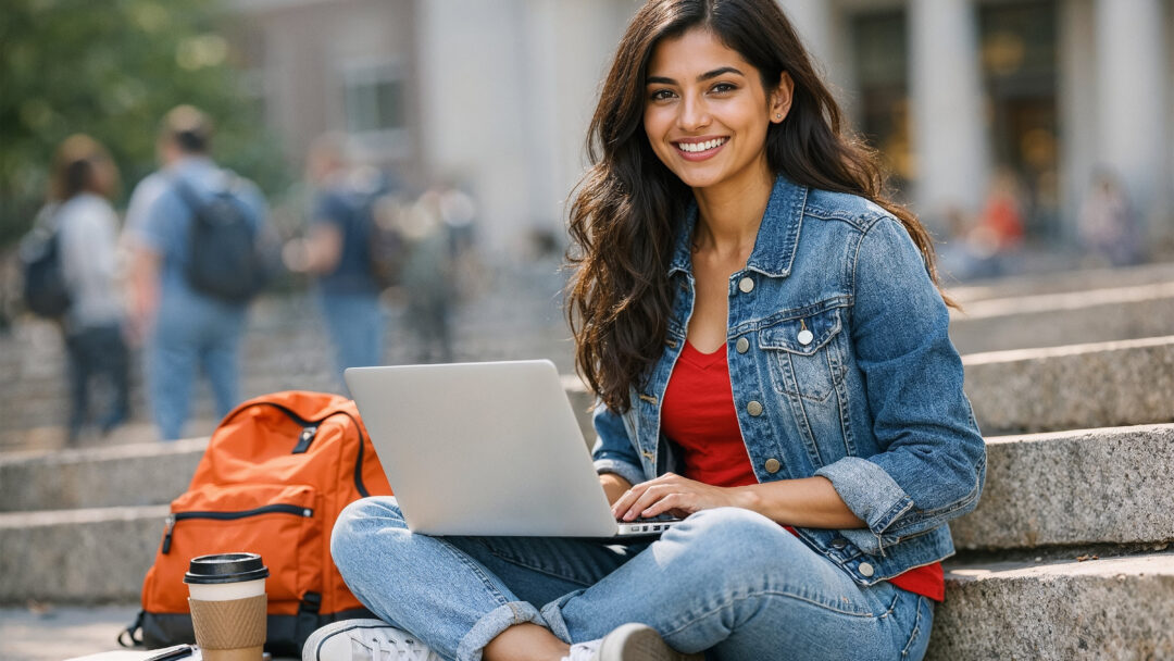 Indian Female College Student Using Laptop Outdoors on Campus