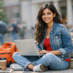 Indian Female College Student Using Laptop Outdoors on Campus