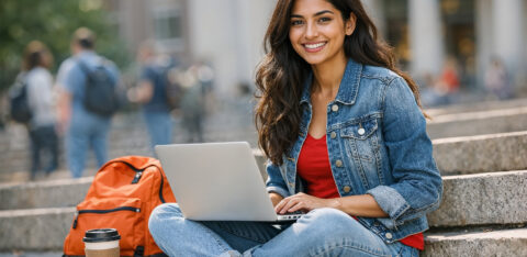 Indian Female College Student Using Laptop Outdoors on Campus