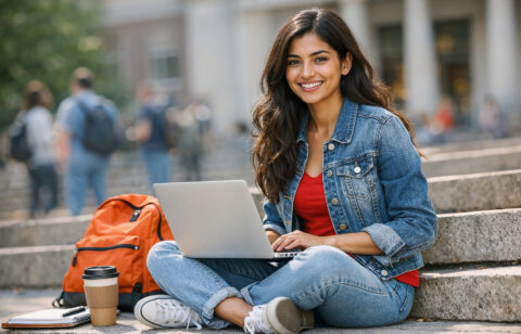Indian Female College Student Using Laptop Outdoors on Campus