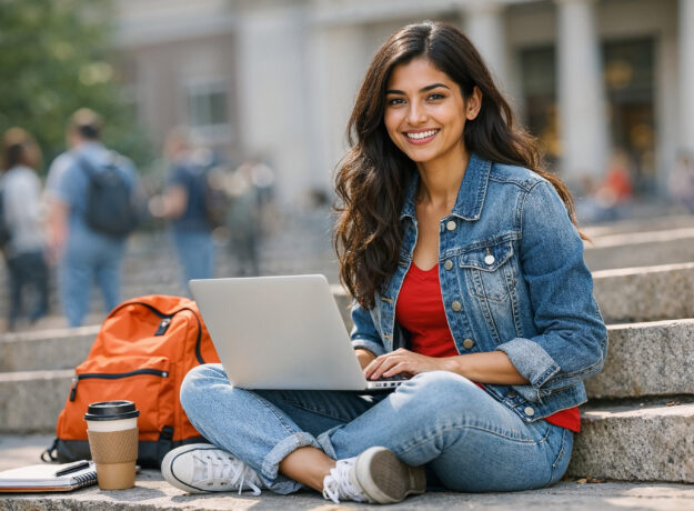 Indian Female College Student Using Laptop Outdoors on Campus