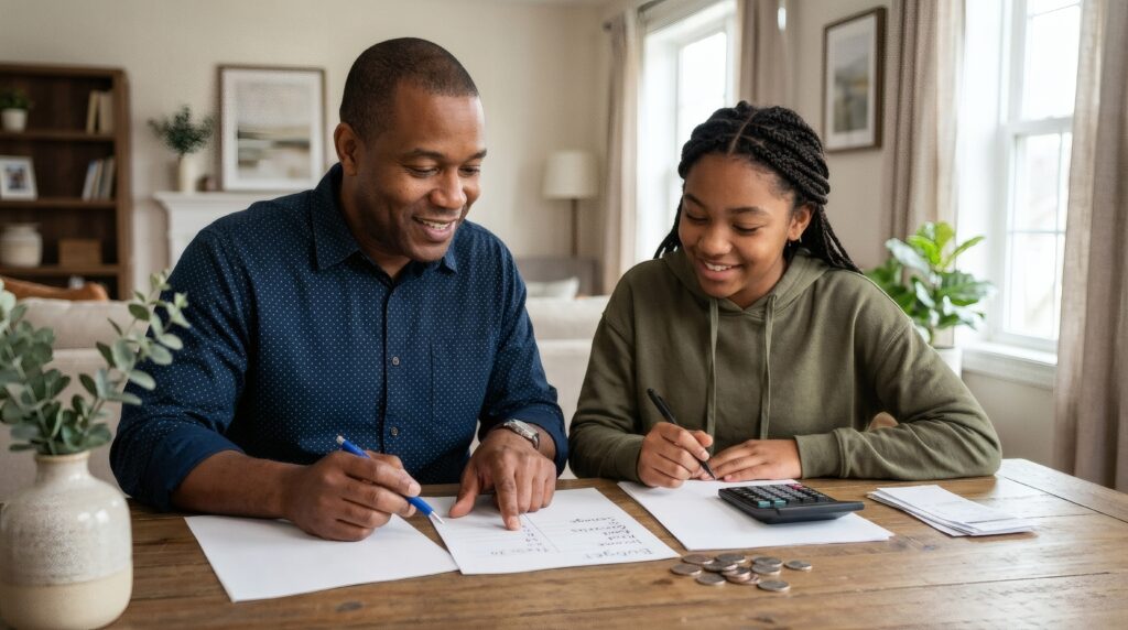 A father and daughter calculating budget at home.