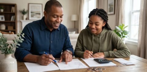 A father and daughter calculating budget at home.