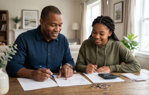 A father and daughter calculating budget at home.