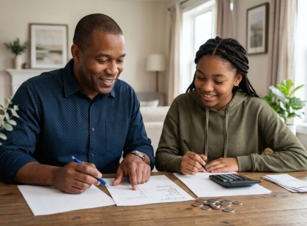 A father and daughter calculating budget at home.