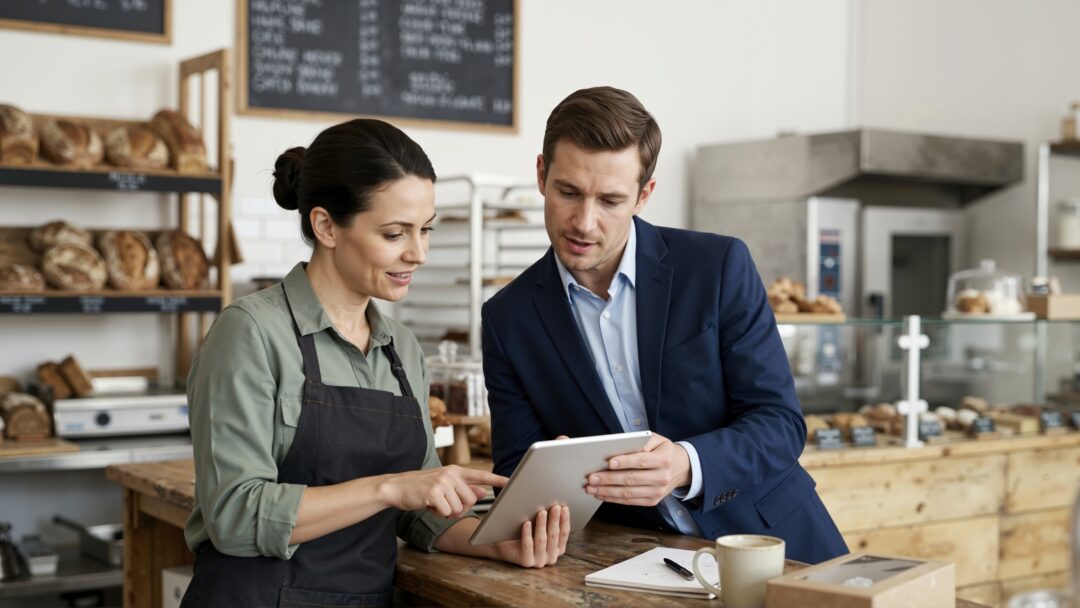 Bakery owner and financial professional discussing business finances using a tablet.