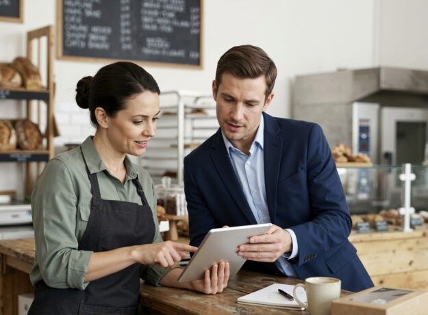 Bakery owner and financial professional discussing business finances using a tablet.