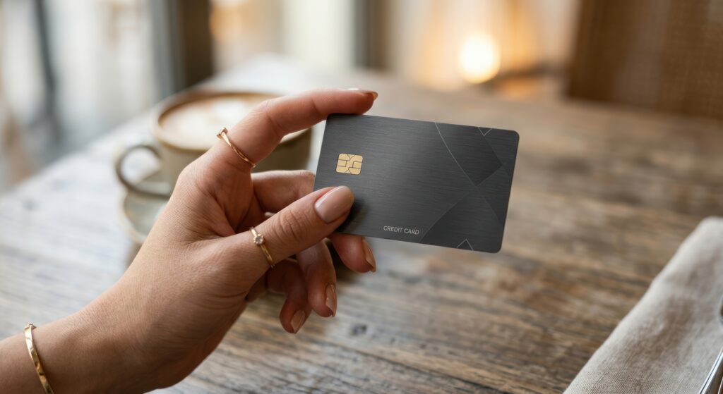 Close-up of a hand holding a credit card above a wooden table.