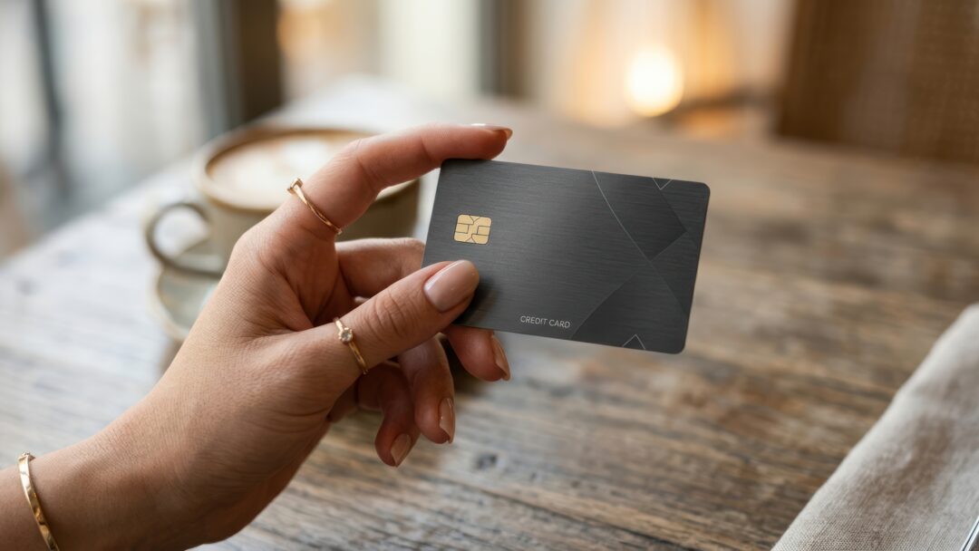 Close-up of a hand holding a credit card above a wooden table.