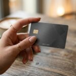 Close-up of a hand holding a credit card above a wooden table.