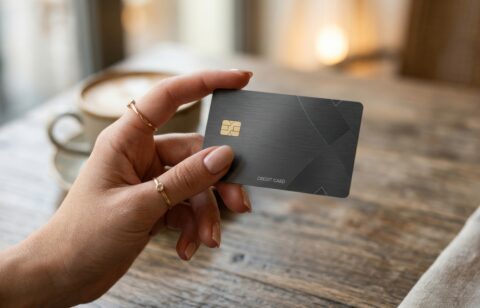 Close-up of a hand holding a credit card above a wooden table.