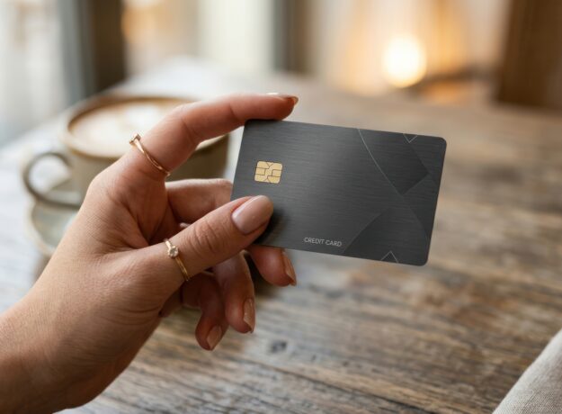Close-up of a hand holding a credit card above a wooden table.