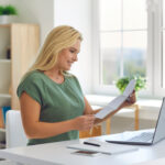 Woman smiling while reviewing paperwork at a desk with a laptop.