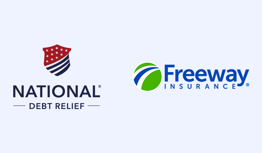 National Debt Relief logo displayed beside Freeway Insurance logo, highlighting partnership announcement featuring their NASCAR sponsorship collaboration