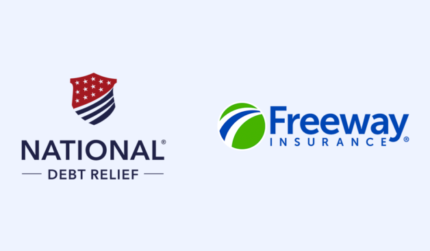 National Debt Relief logo displayed beside Freeway Insurance logo, highlighting partnership announcement featuring their NASCAR sponsorship collaboration